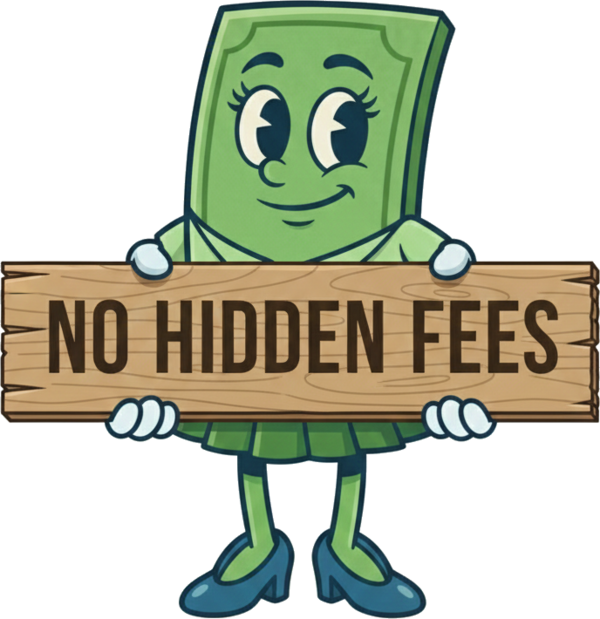 Dollar Guy with No hidden Fees sign